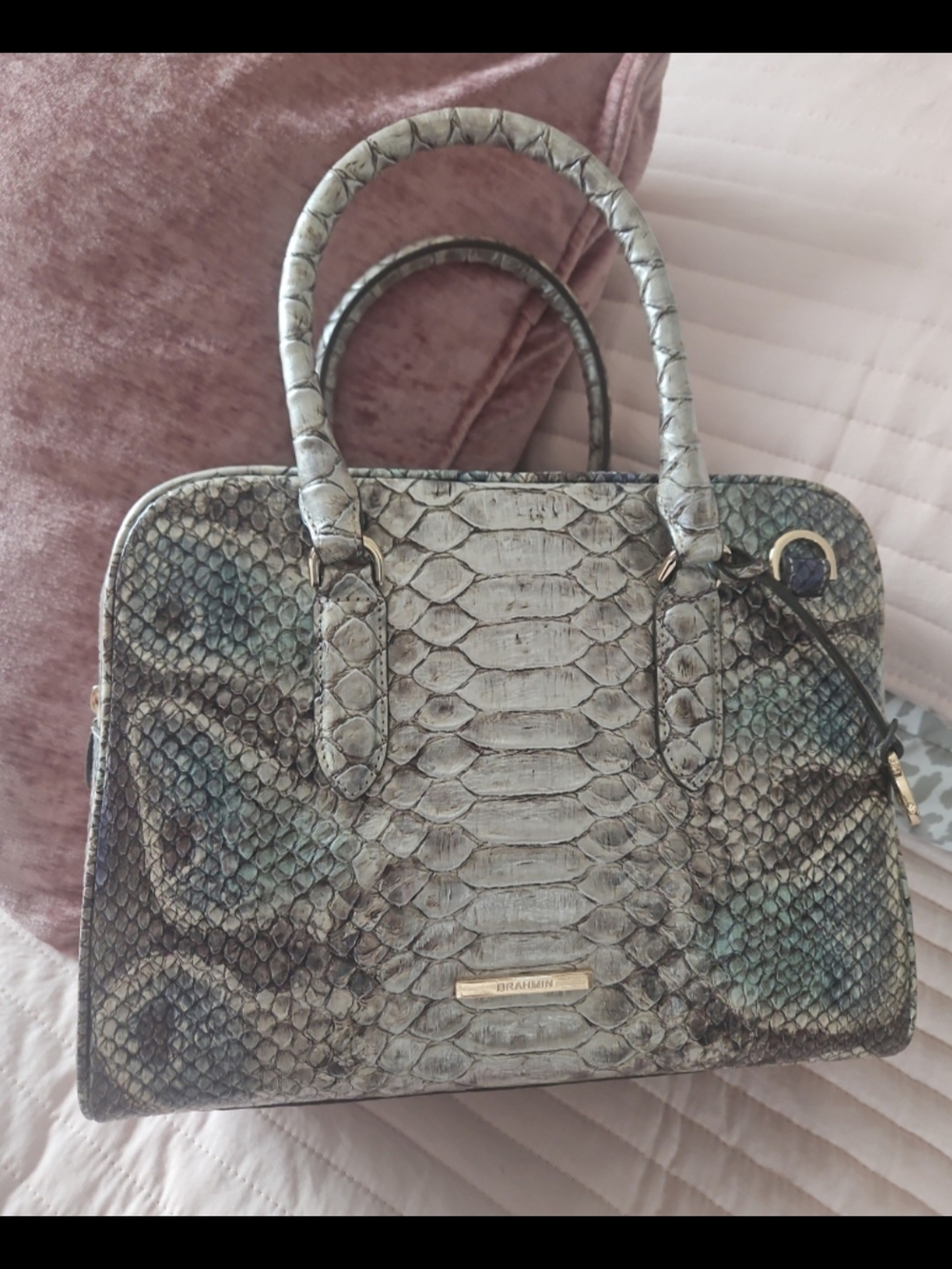 Brahmin Gray and Teal Platinum All Over Snake Satchel Bag NEW